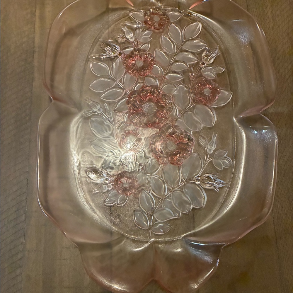 Mikasa Crystal Walther Rosella Pink Rose Scalloped Glass Vintage Serving Tray